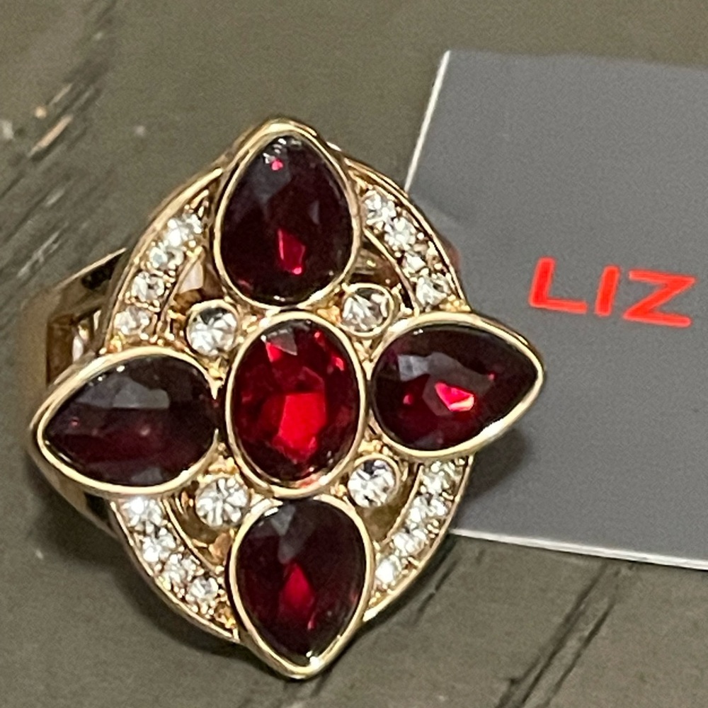 Liz Claiborne Gold and Red Gemstone Ring size 8 stretch